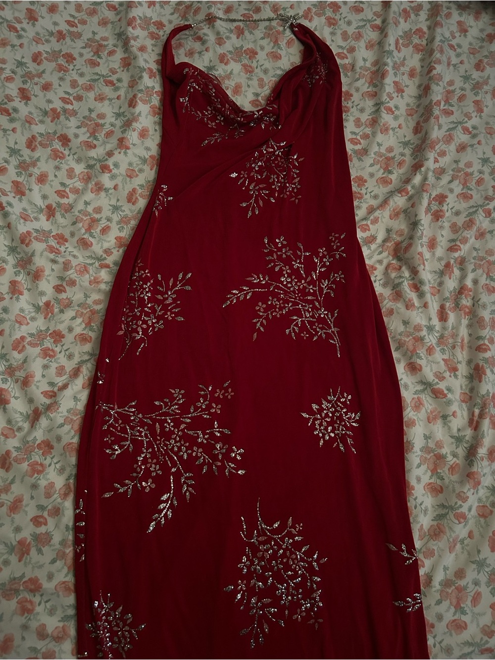 Jessica McClintock Red Beaded Backless Evening Gown